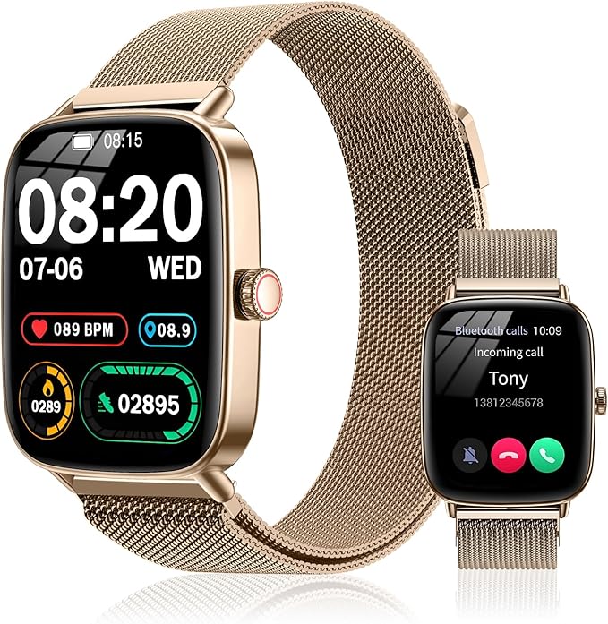 Smart Watch for Women(2 Bands), 1.85" HD Fitness Tracker Screen with Call Function, IP68 Waterproof, 100+ Sport Modes, Blood Oxygen Monitor/Heart Rate/Sleep Monitor, iOS Android Compatible (Gold)