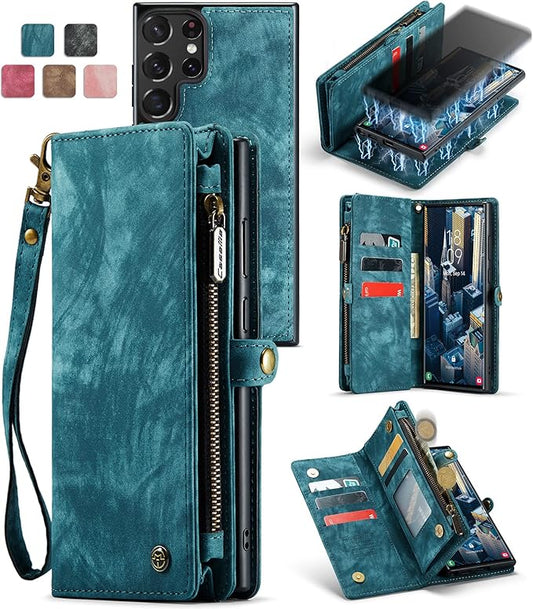 SZHAIYU 2 in 1 Detachable for Samsung Galaxy S23 Ultra Wallet Case with Card Holder, Retro Premium Flip Leather Cover Magnetic Zipper Pocket Phone Cases 6.8'' (Blue,S23 Ultra)