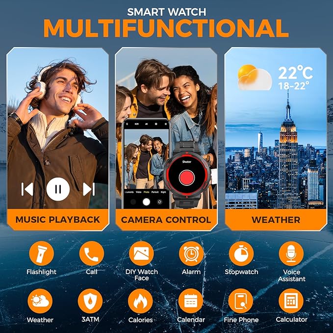 Military Smart Watch for Men(Answer/Make Call), Rugged Smartwatch with LED Flashlight/3ATM Waterproof/400mAh Battery/100+ Sports Modes/Heart Rate/Sleep Monitor, Fitness Tracker for iOS Android