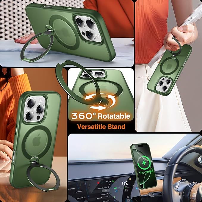 360° O-Ring MagStander for iPhone 16 Pro Max Case with Magnetic Kickstand Ring Holder [Compatible with MagSafe][360°Rotate Stand][Military Shockproof] iPhone 16 Pro Max Phone Cover Green