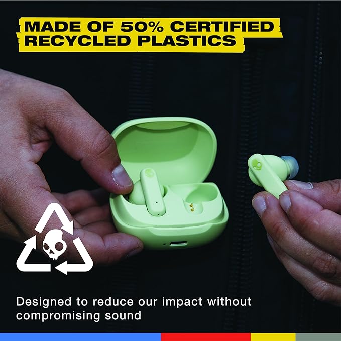 Skullcandy Smokin’ Buds Wireless Earbuds, Bluetooth Headphones, Noise Isolating Fit, Up to 20 Hours Battery, IPX4 Sweat and Water Resistant, Microphone for iPhone Android - Matcha