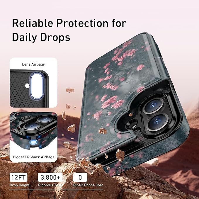 FUNMIKO for iPhone 16 Plus Wallet Case with Card Holder, RFID-Blocking, Military-Grade Protection & UV-Printed Artwork, Magnetic Closure with Leather Kickstand - Mystic Blooming Plum