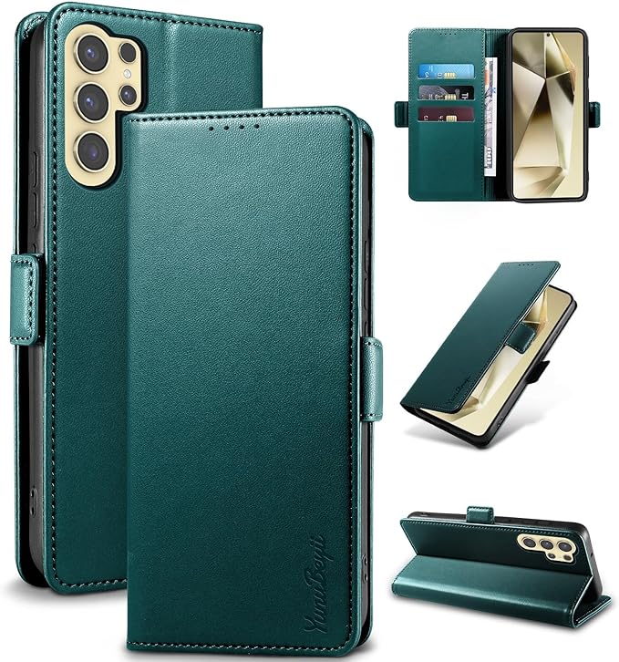 Wallet Flip Case for Samsung Galaxy S24 Ultra 5G - [RFID Blocking] Luxury PU Leather Card Holder Magnetic Phone Cover with Kickstand,Shockproof Protective Case,Green