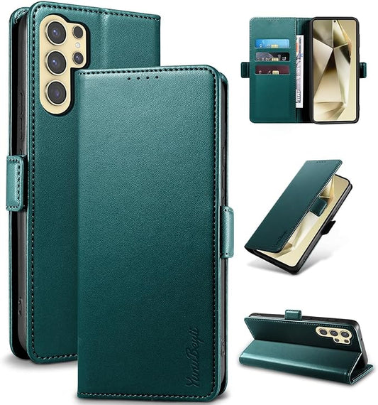 Wallet Flip Case for Samsung Galaxy S24 Ultra 5G - [RFID Blocking] Luxury PU Leather Card Holder Magnetic Phone Cover with Kickstand,Shockproof Protective Case,Green