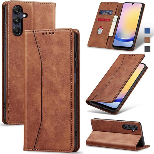 Jasonyu Flip Wallet Case for Samsung Galaxy A25 5G,Leather Magnetic Folio Cover with Card Holder,Kickstand - TPU Shockproof Durable Protective Phone Case,Brown