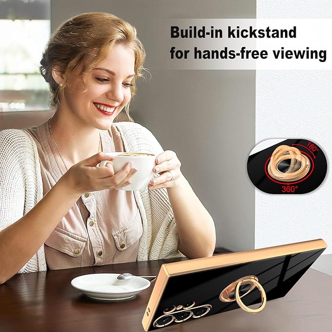 Dinick Black for Samsung Galaxy S24 Ultra Case with Ring Holder Kickstand [with Magnetic] Soft TPU Bumper, Glitter Gold Electroplated Cover Slim Thin Protective Phone Case for Galaxy S24 Ultra