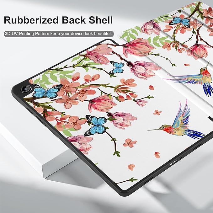 MEEgoodo Case for Samsung Galaxy Tab A9 Plus 11 inch Cover 2024 2023 with S Pen Holder, A9+ Smart Tablet Cases with Leather Trifold Stand+Soft TPU Back Shell+Smart Auto Wake/Sleep, Birds & Flowers
