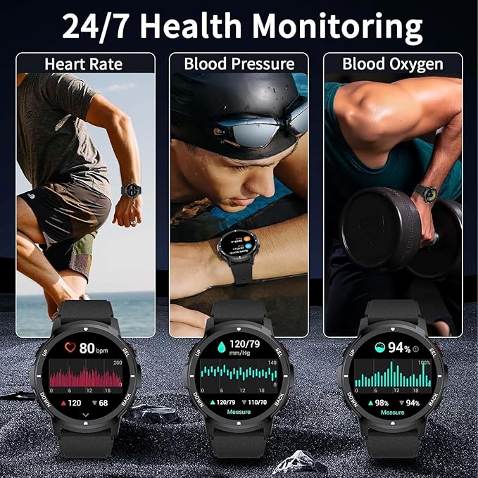 Military Smart Watches for Men Women, 1.43'' AMOLED Fitness Watch with Heart Rate/BP/Sleep Tracker, Step Counter, 110+ Sport Modes, Password, Waterproof Smart Watch for Android iPhone