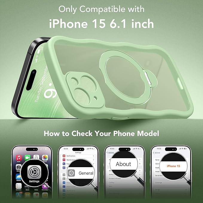 GolbinBox for iPhone 15 Case for Women,[Compatible with Magsafe][360° Spin Magnetic Stand][Cute Wave Edge][Military-Grade Protection] Translucent Matte Phone Case for iPhone 15, Mint Green