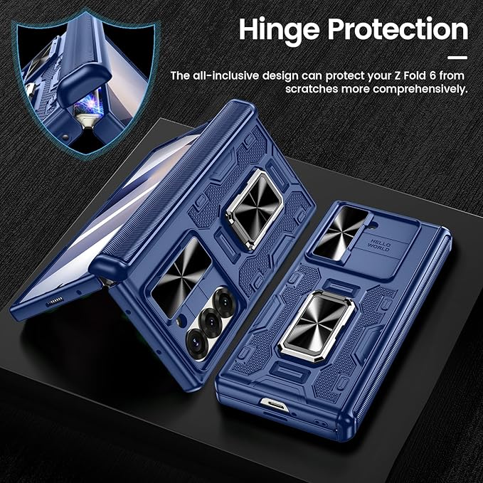 VEGO for Galaxy Z Fold 6 Case with Kickstand, Hinge Protection & Belt Clip Holster & Front Screen Protector & Slide Camera Cover Magnetic Kickstand Case for Samsung Galaxy Z Fold 6 5G - Blue