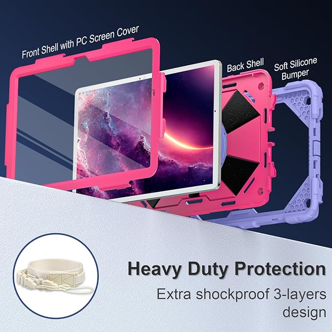 for Galaxy Tab A9 Plus Case 11 Inch, Rugged Case for Samsung Galaxy A9+ Tablet with Screen Protector 360 Rotating Stand Shoulder Strap Pen Holder, 2023 Model(SM-X210/X216/218), Purple Pink