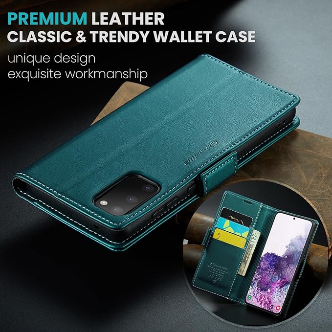 Case for Samsung Galaxy S20 Wallet Case, RFID Blocking PU Leather Flip Folio Cover Card Holder Kickstand Shockproof Phone Case Compatible with Samsung Galaxy S20, Blue Green