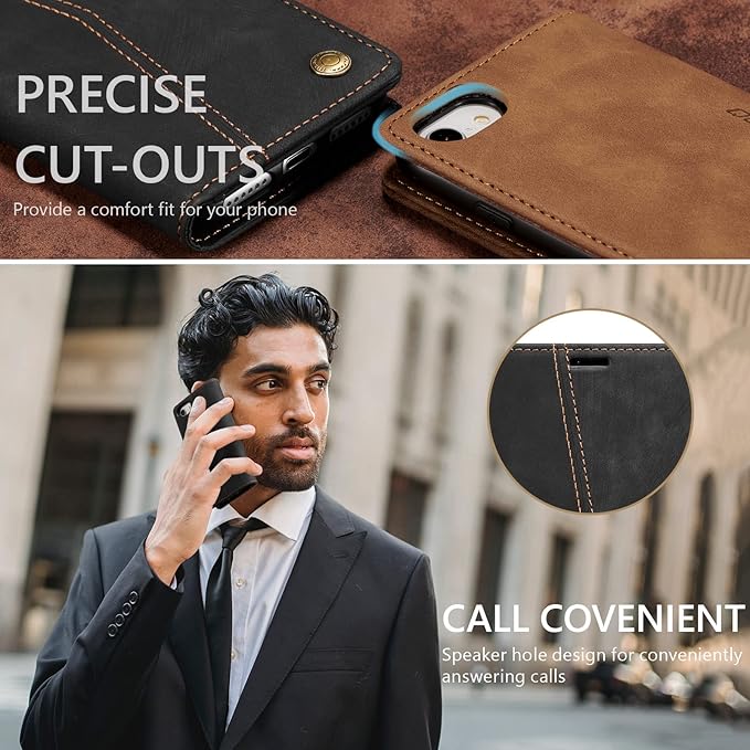 QLTYPRI Case for iPhone 16e, Vintage PU Leather Wallet Case Card Slot Kickstand Magnetic Closure Shockproof Flip Folio Cover for iPhone 16e - Retro Black