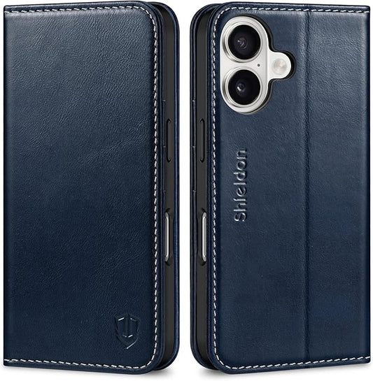 SHIELDON Wallet Case for iPhone 16 5G 2024, Genuine Leather Folio Book Magnetic Closure RFID Blocking Card Slots Kickstand Full Protection Case Compatible with iPhone 16 6.1" - Retro Dark Blue