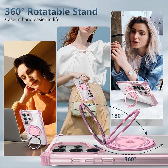 for Samsung Galaxy S24Ultra Case Compatible Wireless Charging Magnetic,with Screen Protector,for S24Ultra Phone Case with Stand Ring Military Grade Shockproof Heavy Duty Protection Green Pink