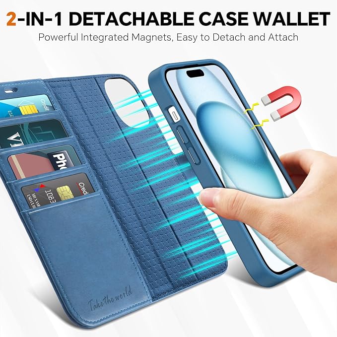 TUCCH Case Wallet for iPhone 15, Removable 2-in-1 Kickstand RFID Blocking 4 Card Slot Wireless Charging Protective Case, PU Leather Magnetic Detachable Folio Compatible with iPhone 15 6.1", Lake Blue