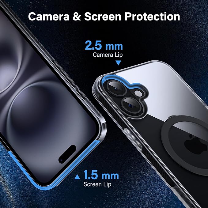 Magnetic Case for iPhone 16 Plus - [Built-in Invisible Stand] [Compatible with MagSafe] [Military Grade Drop Protection] Anti-Yellowing Hard Back Silicone Edge Cover, 6.7", Clear Black