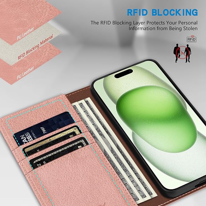 ZZXX for iPhone 15 Plus Wallet Case with [RFID Blocking] Card Slot Stand Strong Magnetic Leather Flip Fold Protective Phone Case for iPhone 15 Plus Case Wallet(Rose Gold-6.7 inch)