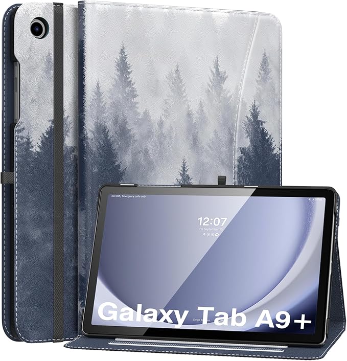 MoKo Case for Samsung Galaxy Tab A9 Plus 11" 2023 (SM-X210/SM-X216/SM-X218), PU Leather Multi-Angle Viewing Folding Stand Cover Case with Hand Strap, Front Pocket, Auto Wake/Sleep, Gray Forest