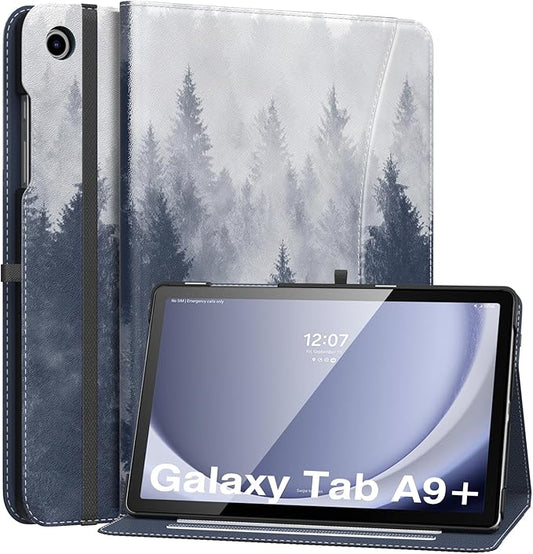 MoKo Case for Samsung Galaxy Tab A9 Plus 11" 2023 (SM-X210/SM-X216/SM-X218), PU Leather Multi-Angle Viewing Folding Stand Cover Case with Hand Strap, Front Pocket, Auto Wake/Sleep, Gray Forest