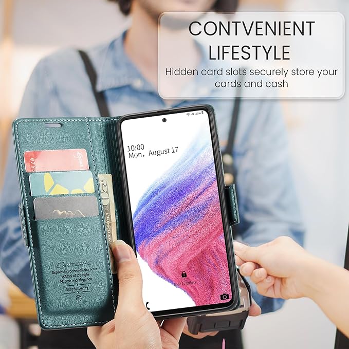 for Samsung Galaxy A53 5G Case, Premium PU Leather Wallet Case Flip Cover with [RFID Blocking][Card Holder][Stand Function] Shockproof Protective for Samsung Galaxy A53, Blue-Green