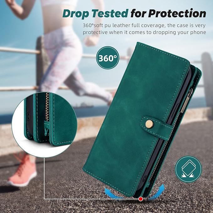 TwoHead for Samsung Galaxy S24 Wallet Case with Card Holder,Detachable Magnetic Phone Case for Galaxy S24,PU Leather Shockproof Protective Phone Cover Wallet with Wrist Strap(6.1 in,Green)