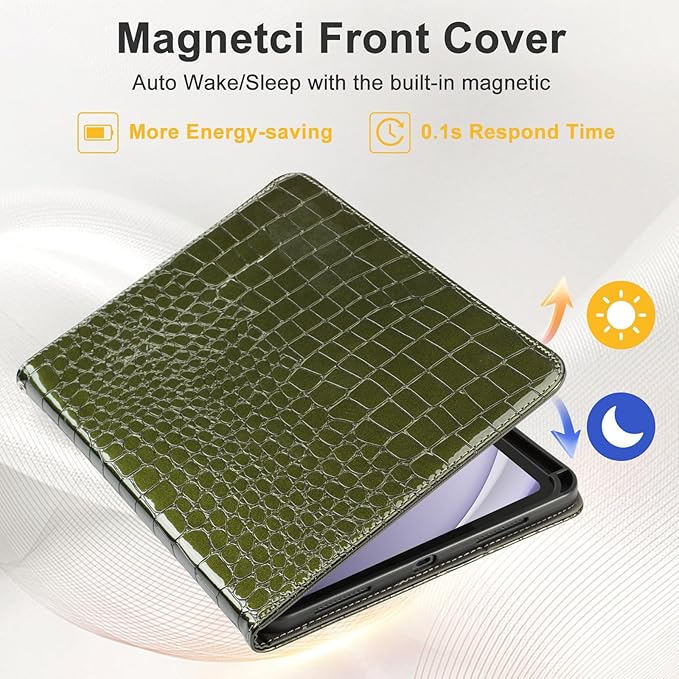 Elegant Case for Samsung Galaxy Tab A9 Plus 11 Inch 2023（Model: SM-X210/X216/X218）, Premium Leather Crocodile Cover | Stand | Card Pockets| Wrist Strap| S Pen Holder (Dark Green)