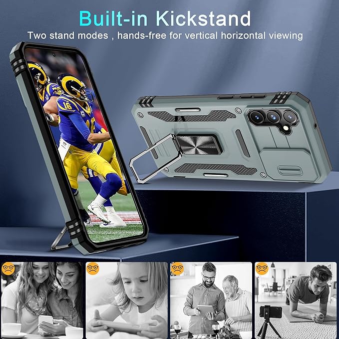 DEERLAMN Case for Samsung Galaxy S23 FE 6.4-Inch with Slide Camera Cover+Screen Protector(1 Pack),Rotated Ring Kickstand Military Grade Shockproof Protective Cover-Grey