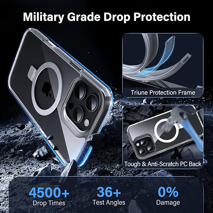 Magnetic Case for iPhone 16 Pro - [Built-in Invisible Stand] [Compatible with MagSafe] [Military Grade Drop Protection] Anti-Yellowing Hard Back Silicone Edge Cover, 6.3", Clear