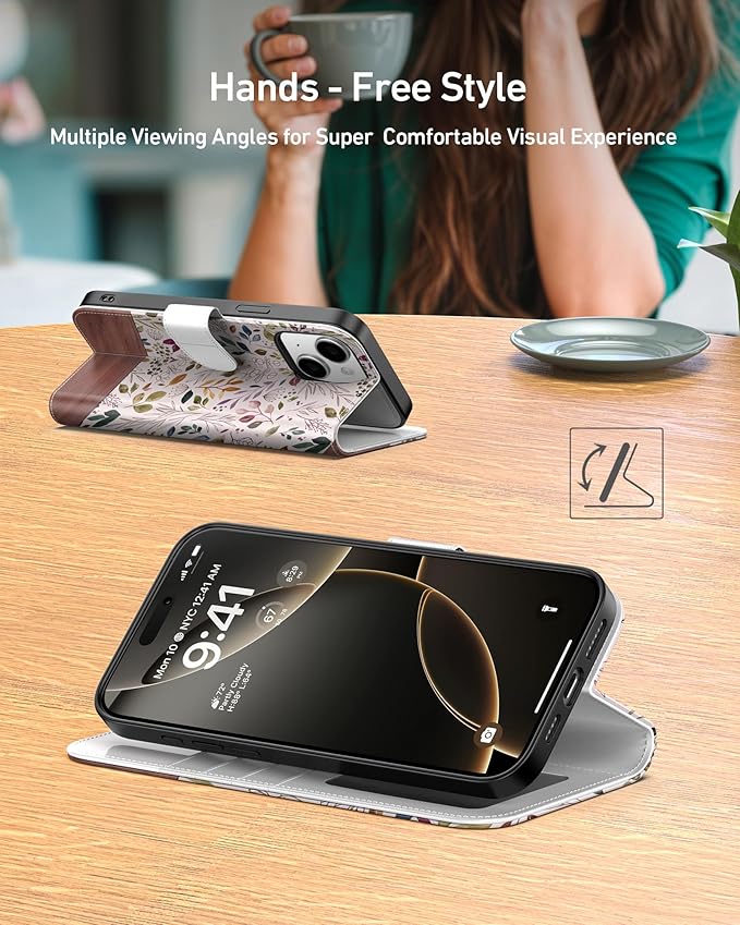 DEENAKIN for iPhone 15 Plus Wallet Case with Card Holder + Cash Clip, RFID-Blocking, Military-Grade Drop Protection, Magnetic Closure with Leather Kickstand - Vibrant Foliage