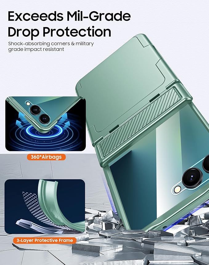 CENMASO for Samsung Galaxy Z Flip 7 Case with Card Holder [RFID Blocking] & Hinge Protection & HD Screen Protector, Rugged Anti-Scratch Full-Body Shockproof Phone Case for Z Flip 7-Mint Green