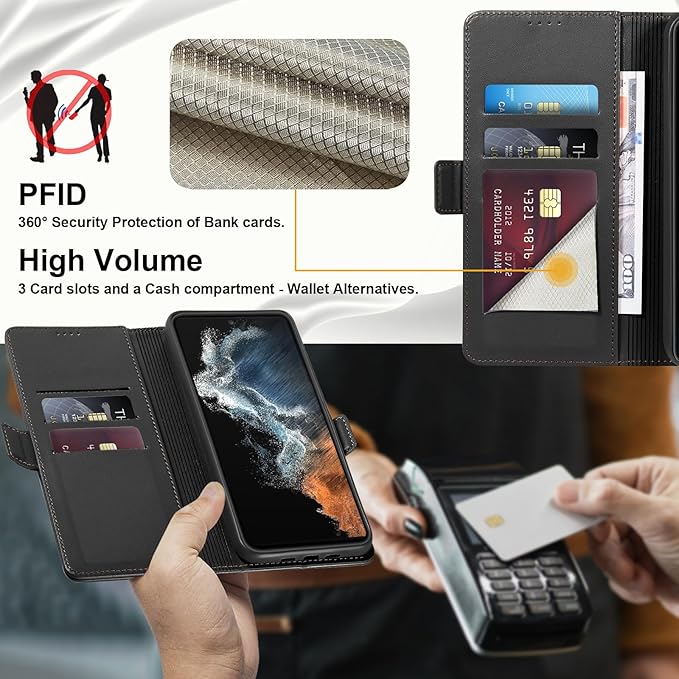 Wallet Flip Case for Samsung Galaxy S22 Ultra 5G - [RFID Blocking] Luxury PU Leather Card Holder Magnetic Phone Cover with Kickstand,Shockproof Protective Case,Black