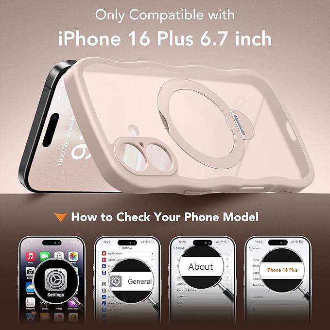 for iPhone 16 Plus Case,[Compatible with Magsafe][360° Spin Magnetic Stand][Military-Grade Protection][Camera Control][Cute Wave Edge] Translucent Matte Women Phone Cover for 16 Plus, Rose Gold