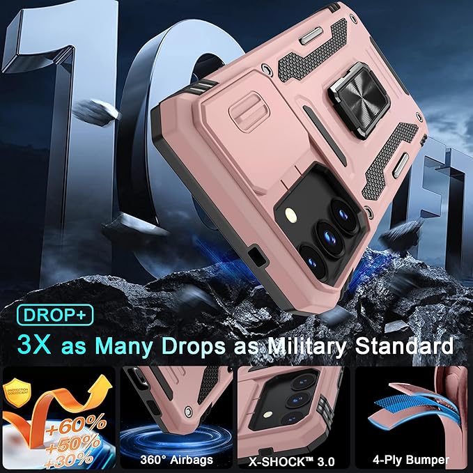 DEERLAMN Case for Samsung Galaxy S25 FE 6.7-Inch with Slide Camera Cover+Screen Protector(1 Pack), Rotated Ring Kickstand Military Grade Shockproof Protective Cover-Rose Gold