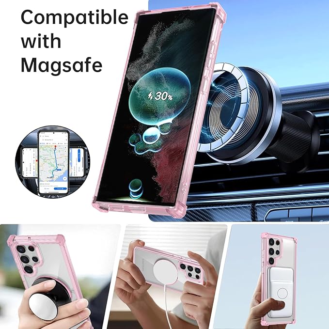 for Samsung Galaxy S22 Ultra Case Compatible Wireless Charging Magnetic,with Screen Protector,for S22Ultra Phone Case with 360°Stand Ring Military Grade Shockproof Heavy Duty Protection Pink