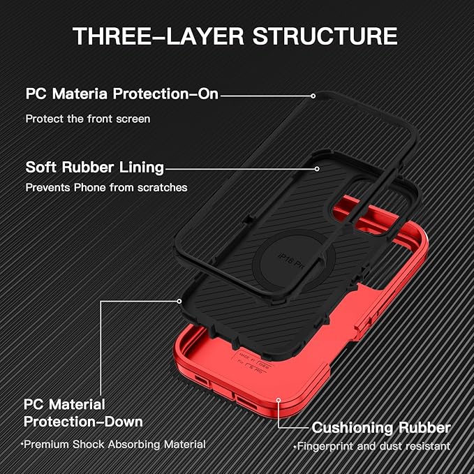 for iPhone 16 Pro Case [Compatible with MagSafe] Shockproof 3-Layer Full Body Protection [Without Screen Protector] Rugged Heavy Duty Cover Case for Apple iPhone 16 Pro 6.3" Red/Black