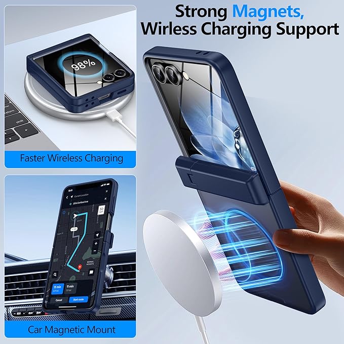 for Samsung Galaxy Z Flip 7 Case Compatible with Magsafe [Hinge Protection＆ Kickstand][Built-in Front Screen Protector] 15FT Military Shockproof Full Body Phone Case for Galaxy Z Flip 7 (Blue)