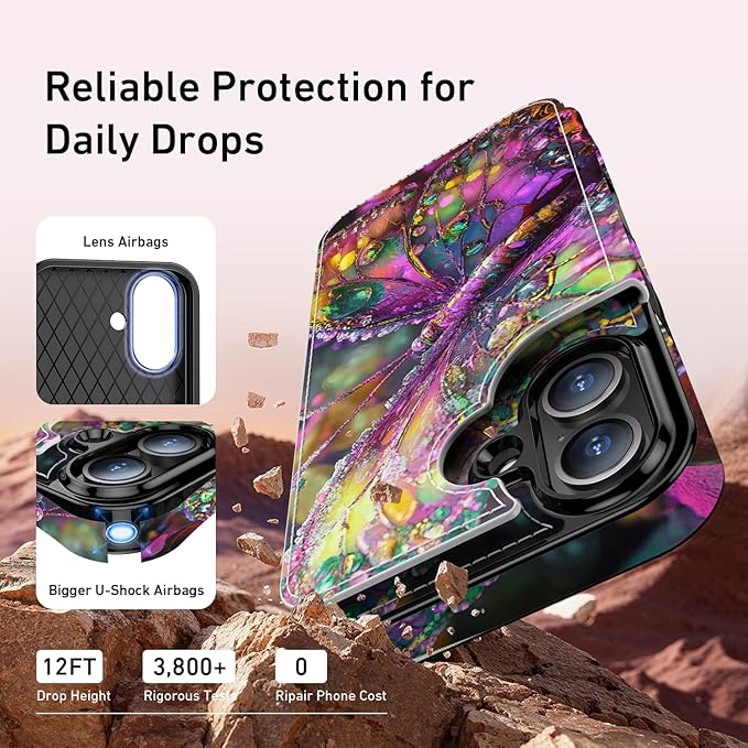 FUNMIKO for iPhone 16 Wallet Case with Card Holder, RFID-Blocking, Military-Grade Protection & UV-Printed Artwork, Magnetic Closure with Leather Kickstand - Vibrant Elegant Butterfly