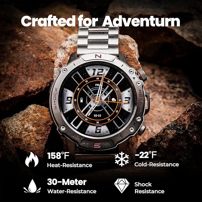 WalkerFit Military Rugged Smart Watch for Men 1.43" AMOLED Smartwatch, Always-on, 3ATM Waterproof for Swim,Accurate HR Sleep Monitor,Bluetooth Call Fitness Watch for iPhone Andriod Compatible, Silver