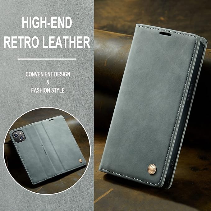 QLTYPRI Case for iPhone 14, Vintage PU Leather Wallet Case Card Slot Kickstand Magnetic Closure Shockproof Flip Folio Book Case Cover for iPhone 14(6.1 inch) - Grey