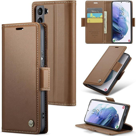 Case for Samsung Galaxy S21 Wallet Case, RFID Blocking PU Leather Flip Folio Cover Card Holder Kickstand Shockproof Phone Case Compatible with Samsung Galaxy S21, Brown