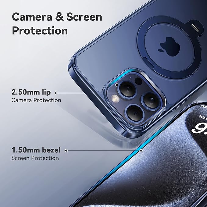 CASEKOO Titanium 360° Rotatable Magnetic Stand for iPhone 15 Pro Max Case [Compatible with Magsafe][16FT Military Protection] Slim 15 Pro Max with Kickstand Ring Phone Cover, Blue