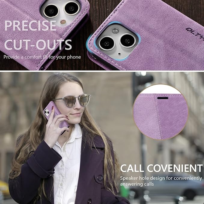 QLTYPRI Case for iPhone 14, Vintage PU Leather Wallet Case Card Slot Kickstand Magnetic Closure Shockproof Flip Folio Book Case Cover for iPhone 14(6.1 inch) - Retro Purple