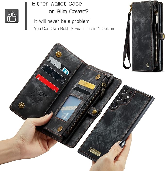 SZHAIYU 2 in 1 Detachable for Samsung Galaxy S23 Ultra Wallet Case with Card Holder, Retro Premium Flip Leather Cover Magnetic Zipper Pocket Phone Cases 6.8'' (Black,S23 Ultra)