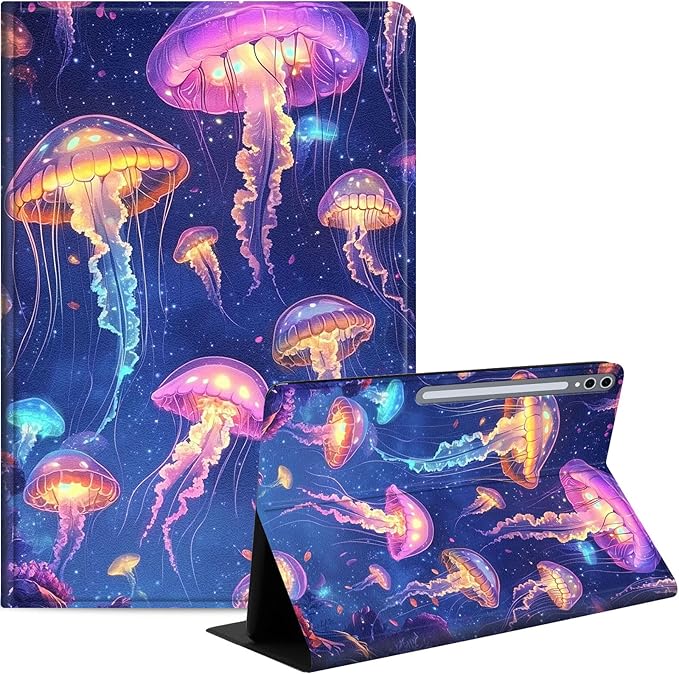Case for Samsung Galaxy Tab S10 Plus/ S9 FE Plus/ S9 Plus 5G Tablet 12.4'', Slim PU Leather Stand Cover with Auto Wake/Sleep, Multi-Angle Viewing & Shockproof, Glowing Jellyf
