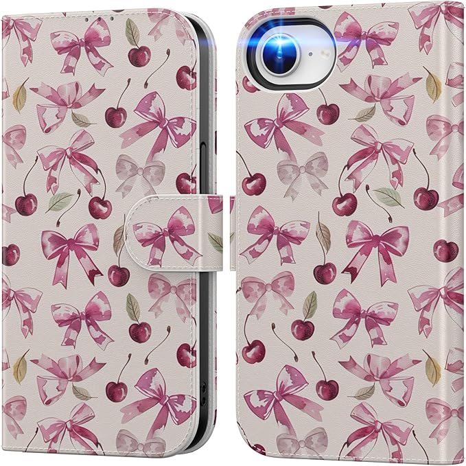 DEENAKIN for iPhone 16e Wallet Case with Card Holder + Cash Clip, RFID-Blocking, Military-Grade Drop Protection, Magnetic Closure with Leather Kickstand - Cherry & Bowknot