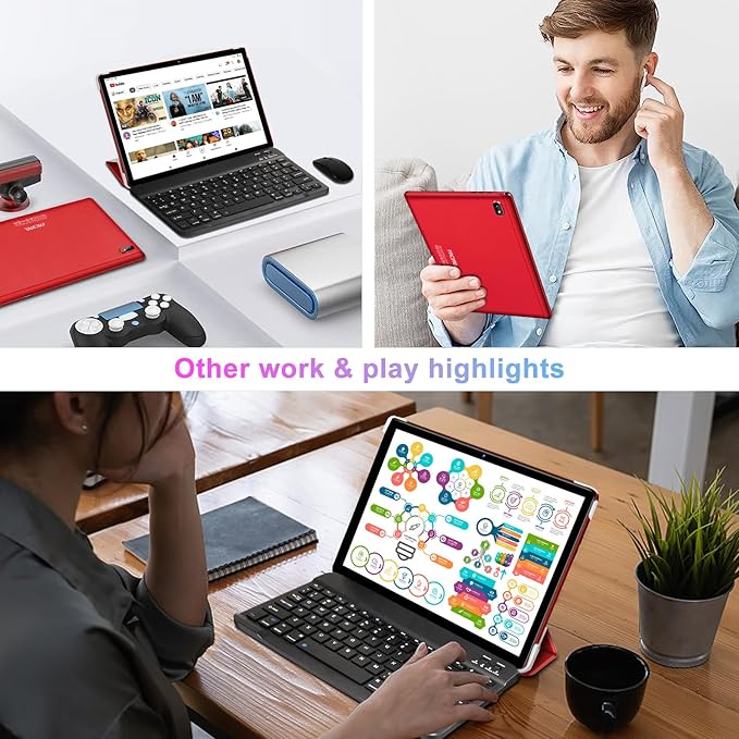 Tablet 10 inch Android PC Octa-Core 2.0 GHz with 12GB RAM 128GB ROM TF 1TB, 5G WiFi, 6000mAh, FHD IPS Touchscreen, Bluetooth 5.0,1280 * 800, 5+8 MP, 2025 2 in 1 Tablet with Keyboard and Mouse, Red