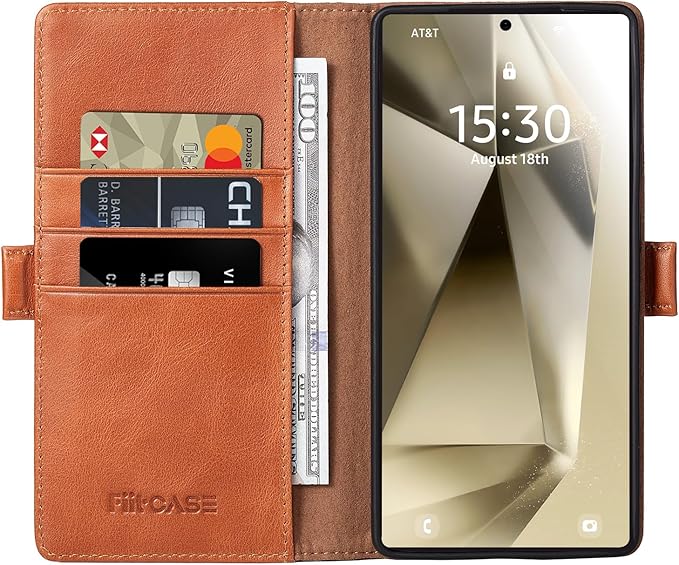 Case for Galaxy S25 Ultra 6.9"-Genuine Leather Folio Wallet Case with Kickstand RFID Blocking Card Holder Magnetic Protective Phone Cover Compatible with Galaxy S25 Ultra 2025 (Brown)