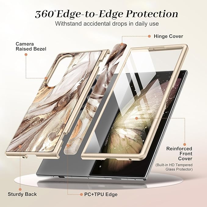 GVIEWIN for Samsung Galaxy Z Fold 7 Case Built-in HD Screen Protector [Compatible with Magsafe][Hidden Kickstand] Magnetic Full-Body Hinge Protection Slim Phone Case for Z Fold 7, Topaz/Gold