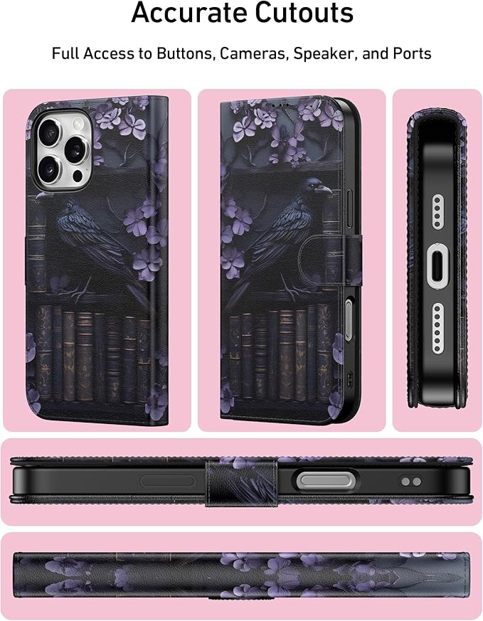 DEENAKIN for iPhone 16 Pro Max Wallet Case with Card Holder + Cash Clip, RFID-Blocking, Military-Grade Drop Protection, Magnetic Closure with Leather Kickstand - Purple Floral & Raven